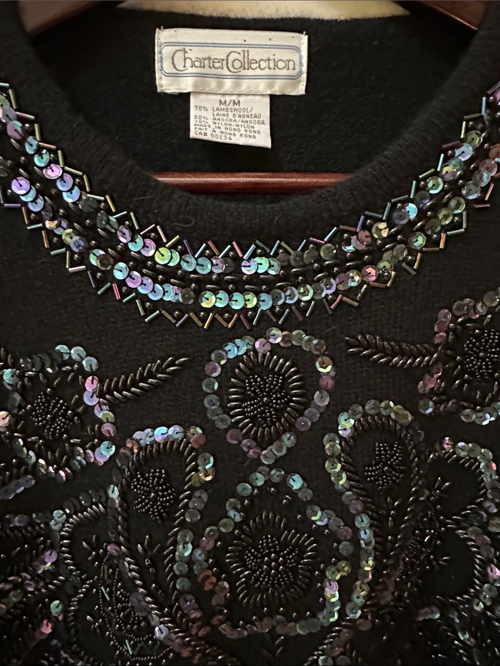 Black Embellished Crewneck Sweater with Iridescent Sequins - Picture 2 of 12